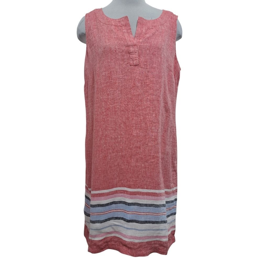Talbots Women Linen Shift Seaside Stripe Knee Length Casual Dress Salmon S16 NWT